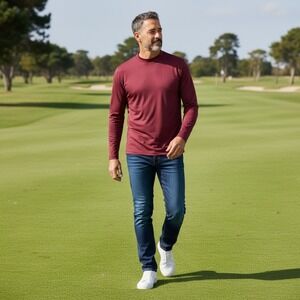 J.Lindeberg Ace Mock Neck LS T-Shirt Mens Large Burgundy FMJT10072 Portugal